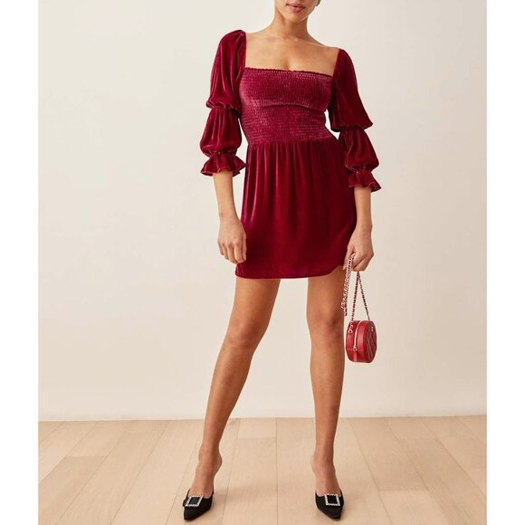 Last Chance! New Reformation Albi Velvet Puff Sleeve Mini Dress Crimson XS $278 - Picture 2 of 9